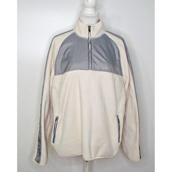 Calvin Klein 1/4 Zip Fleece & Nylon Trim Jacket Coat Pullover Ivory Gray Sz XL - Picture 1 of 11